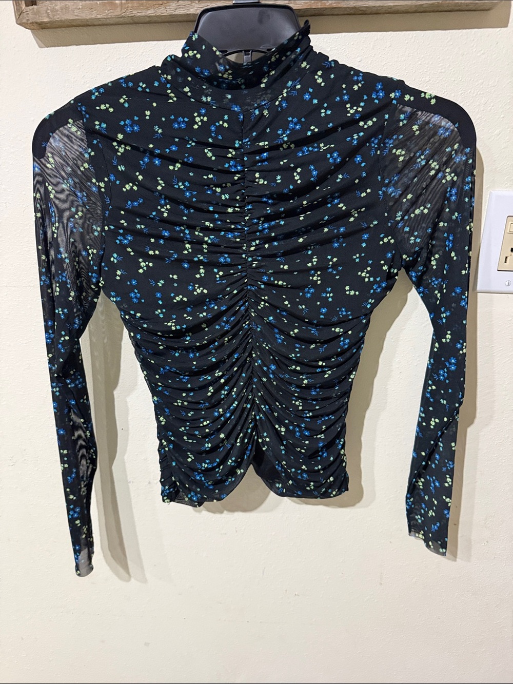 AFRM Black Ruched Sheer Long-Sleeve Top with Blue & Lime Dots